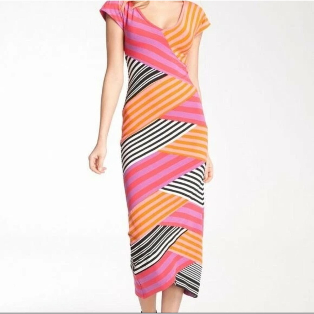 Nicole Miller Artelier Women's Sz 4 Pink & Orange Striped Jersey Knit Maxi Dress
